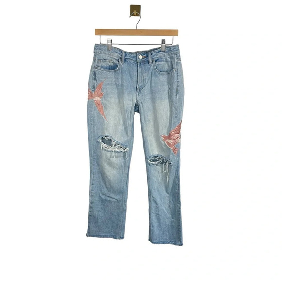 AllSaints Alana Embroidered Bird Distressed Boyfriend Jeans in Blue/Pink Size 26 - Picture 6 of 13